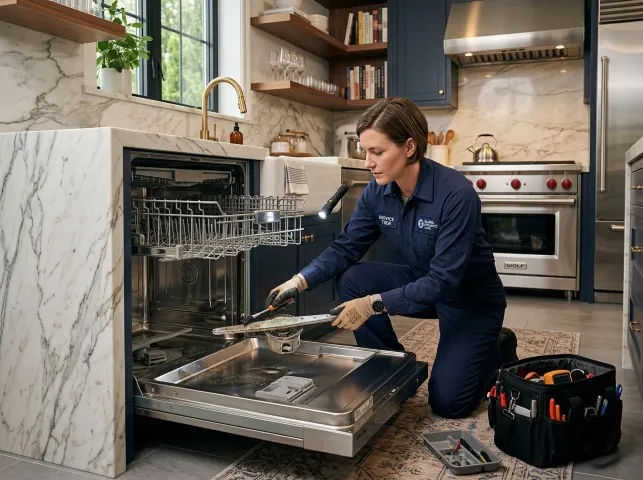 Appliance Repair Hero technician servicing a built-in dishwasher in a Broadview Heights, OH kitchen