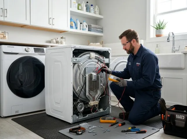 Appliance Repair Hero technician checking a dryer heating element with the rear panel off in Broadview Heights, OH