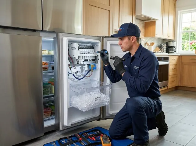 Appliance Repair Hero technician repairing a refrigerator ice maker in Broadview Heights, OH