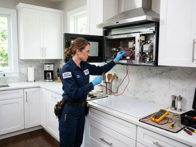 Appliance Repair Hero technician testing an over-the-range microwave in a Broadview Heights, OH kitchen