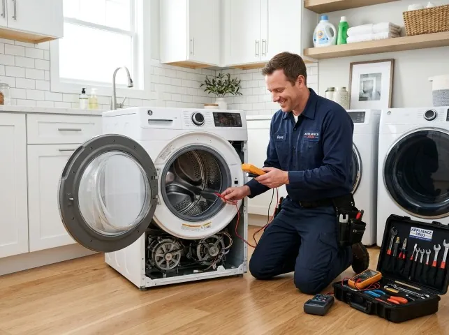 Appliance Repair Hero technician testing a front-load washer with a multimeter on a Broadview Heights, OH service call